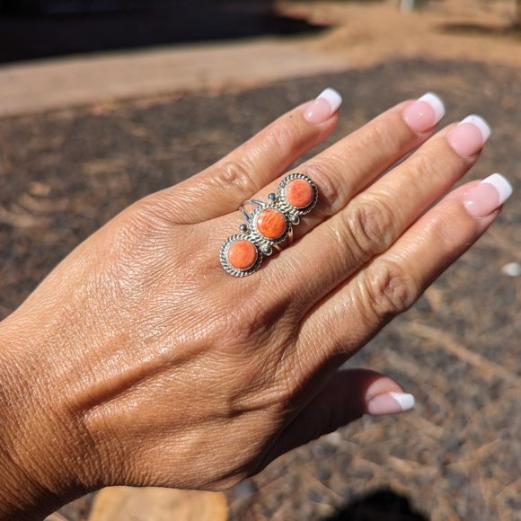 Navajo Sterling Silver Ring Orange Spiny Handcrafted Authentic Jewelry sz 7.25** - Picture 5 of 8